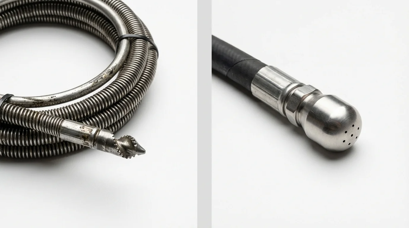 Drain snake cable and hydro jetting nozzle used for drain cleaning in Holcomb, KS
