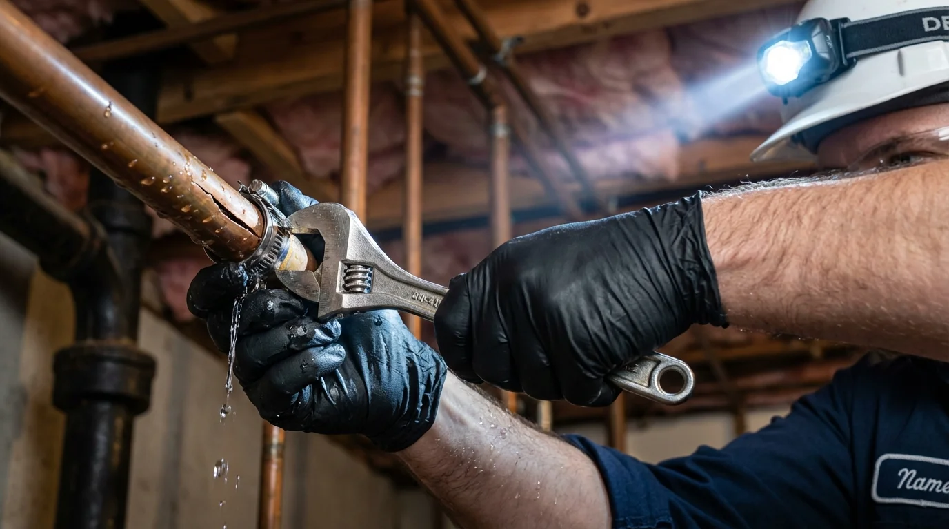 Emergency pipe clamp repair being performed by a Johns Plumbing LLC plumber in Holcomb