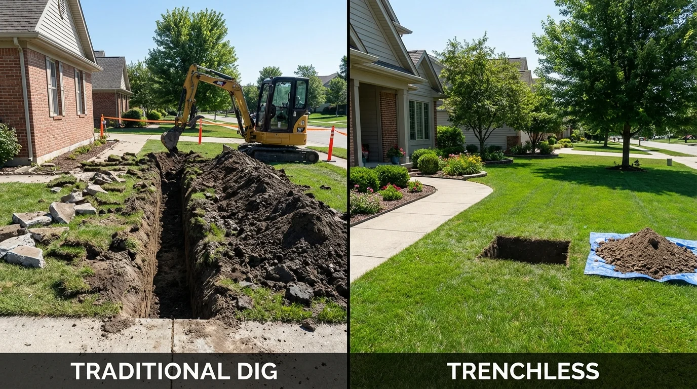Trenchless sewer repair with minimal yard damage versus traditional excavation in Holcomb, KS